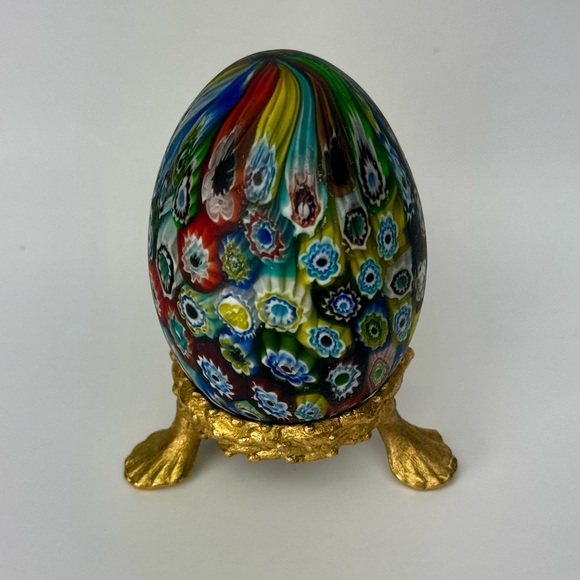 Murano Millefiori Satin Matte Glass Paperweight Egg on brass stand. - Picture 3 of 6